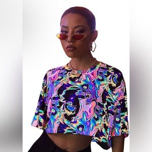 Floerns Women's Casual Reflective Short Sleeve Round Neck Crop Top